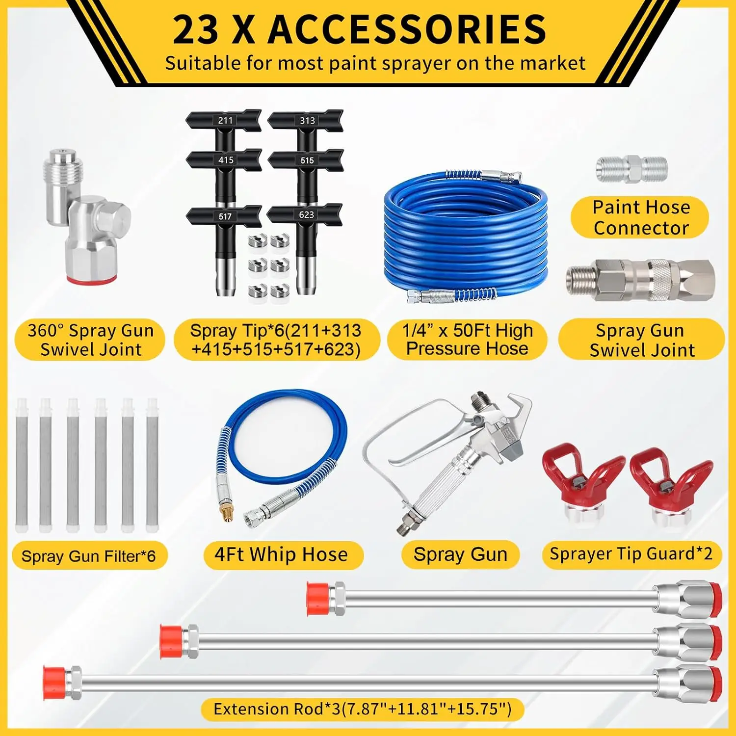 ^For 23 Pcs 3600PSI Paint Sprayer Gun Kits,with 50Ft High Pressure Hose,Extension Pole & Spray Tips & Filters &Nozzle Seat