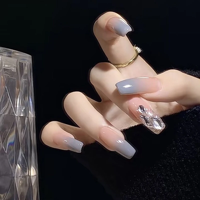 Imprensa Falsa Francesa Artesanal Em Unhas Com Strass, Unhas Postiças Cinzentas, Decoração De Manicuree De Bailarina Cobertura Completa, Unhas Artificiais Vestíveis