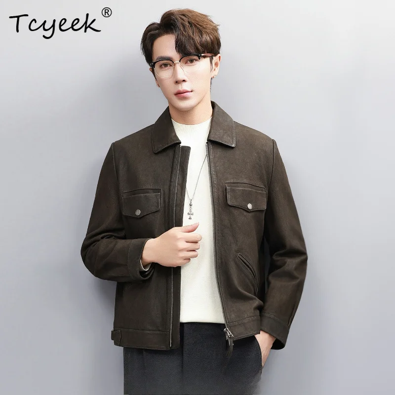 Tcyeek Genuine Leather Jacket Men Top Layer Goatskin Mens Coats Vintage Causal Motorcycle Style Jackets Autumn Clothing Jaquetas