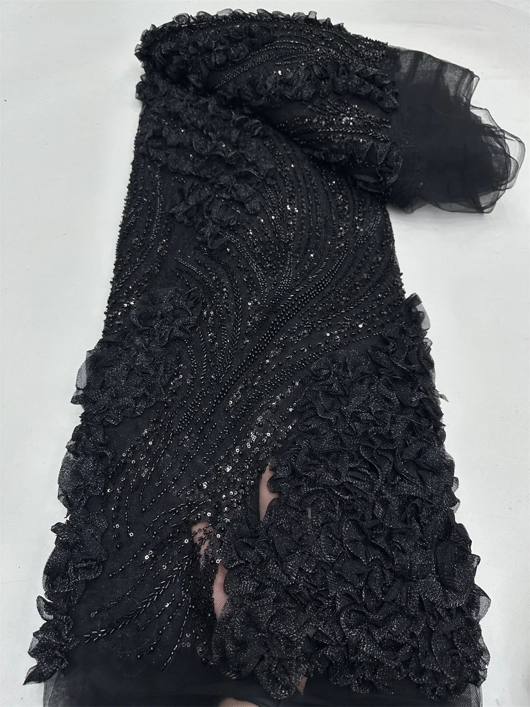 2025 Fashion 3D Beaded Sequins Net Lace Fabric French Embroidery Lace African Nigerian Tulle Mesh Lace for Bridal Wedding Dress