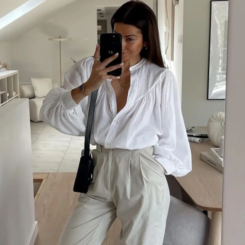 Talenza Women's White Shirt Autumn See-Through Single Breasted Patchwork Cardigan Shirt Casual Loose Office Basic Female Blouses