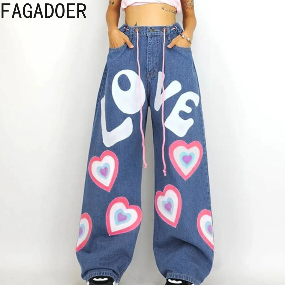 

FAGADOER Fashion Y2K Letter Love Pattern Printing Wide Leg Jean Pants Women High Waist Drawstring Loose Denim Trousers Bottoms