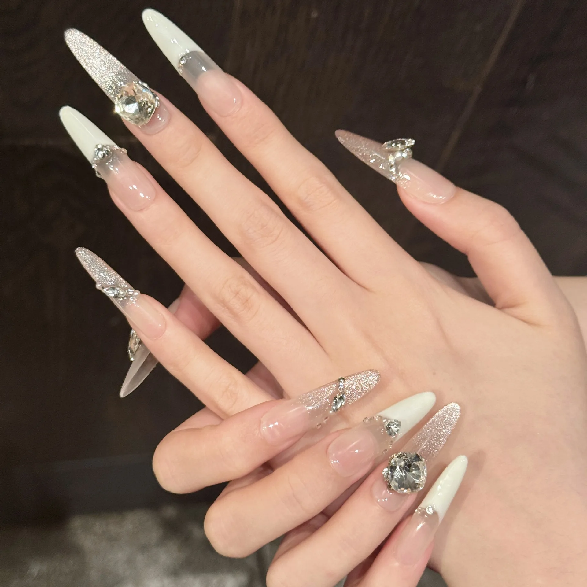 10 pièces à la main longue ovale presse sur ongles poudre brillante strass conception faux ongles portable couverture complète français faux ongles conseils