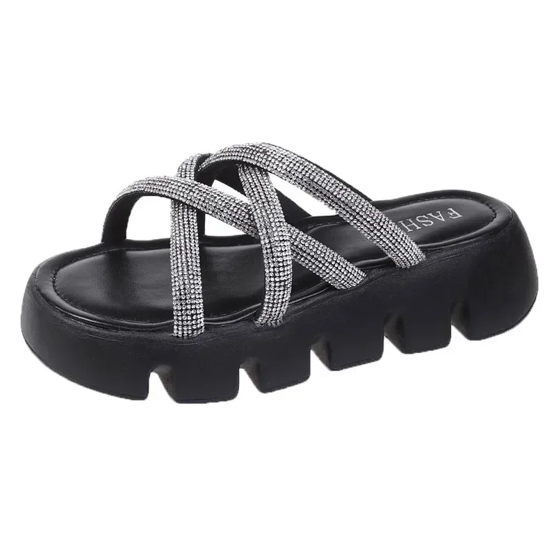 2024 New Fashion Slippers Women Flats Platform Summer Women Slippers Slip On Diamond Decoration 5cm Heel Casual 35-40