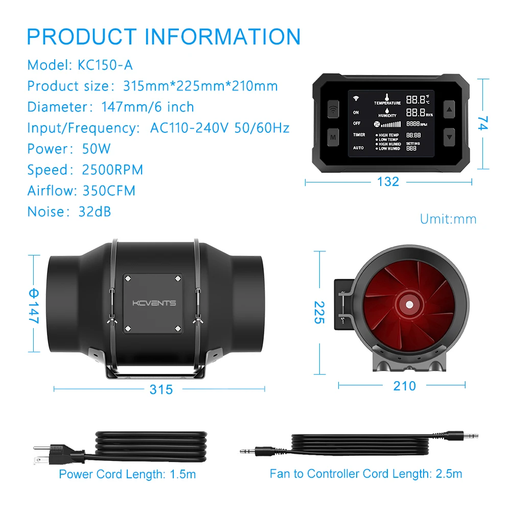 4/6/8-inch Inline Duct Ventilation Fan EC Fresh Air Fan With Wifi Speed Control Suitable for greenhouses homes Exhaust Fan