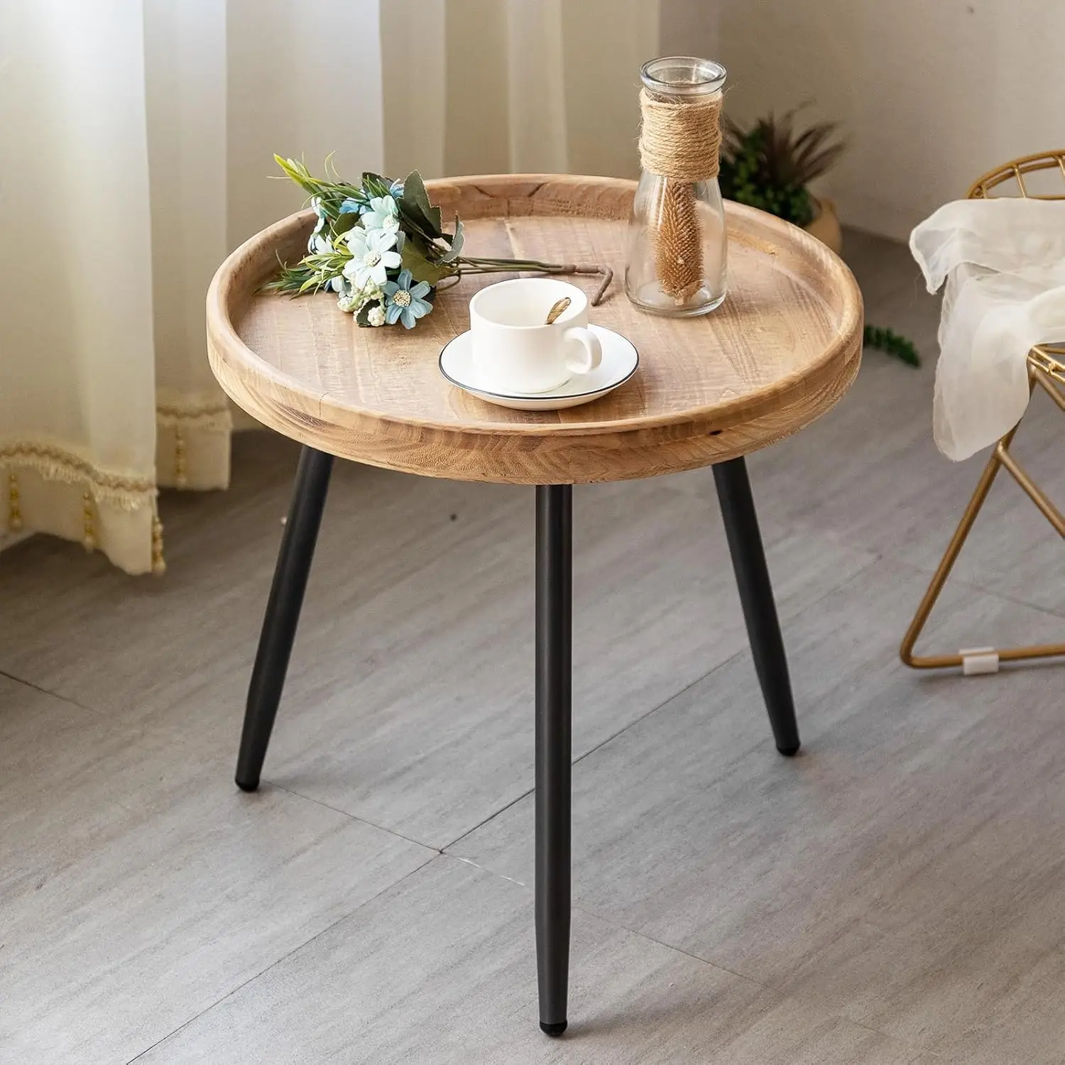 

Round End Table Mental Side Table Nightstand/Small Wood Tables Accent Coffee Table with Wooden Tray for Living Room