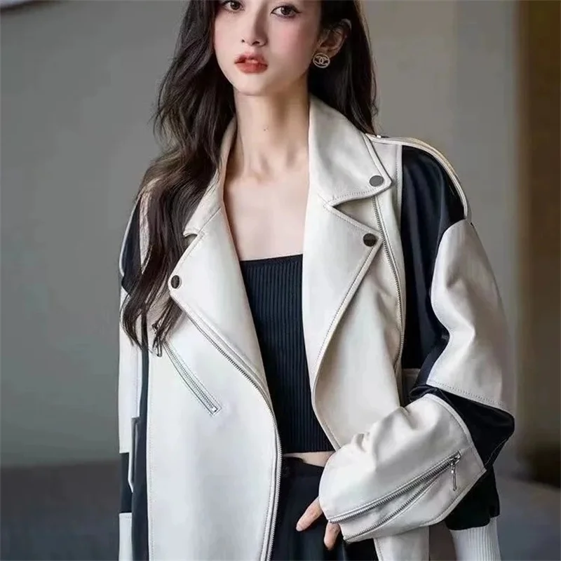 

Black and White Short PU Leather jacket for Women in Autumn Winter Street Sheepskin Coat Motorcycle Top JJ490