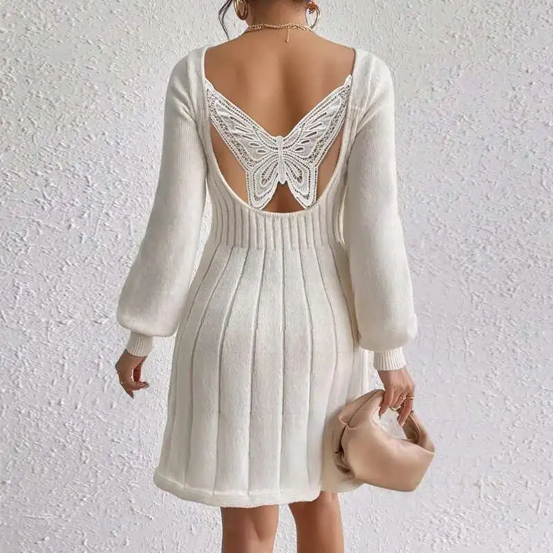 

Md7178 Fashion Women's Butterfly Back u Neck Long Sleeve Dress Sweater Fashion 2025 Summer Dress Robe Vestido Women Party