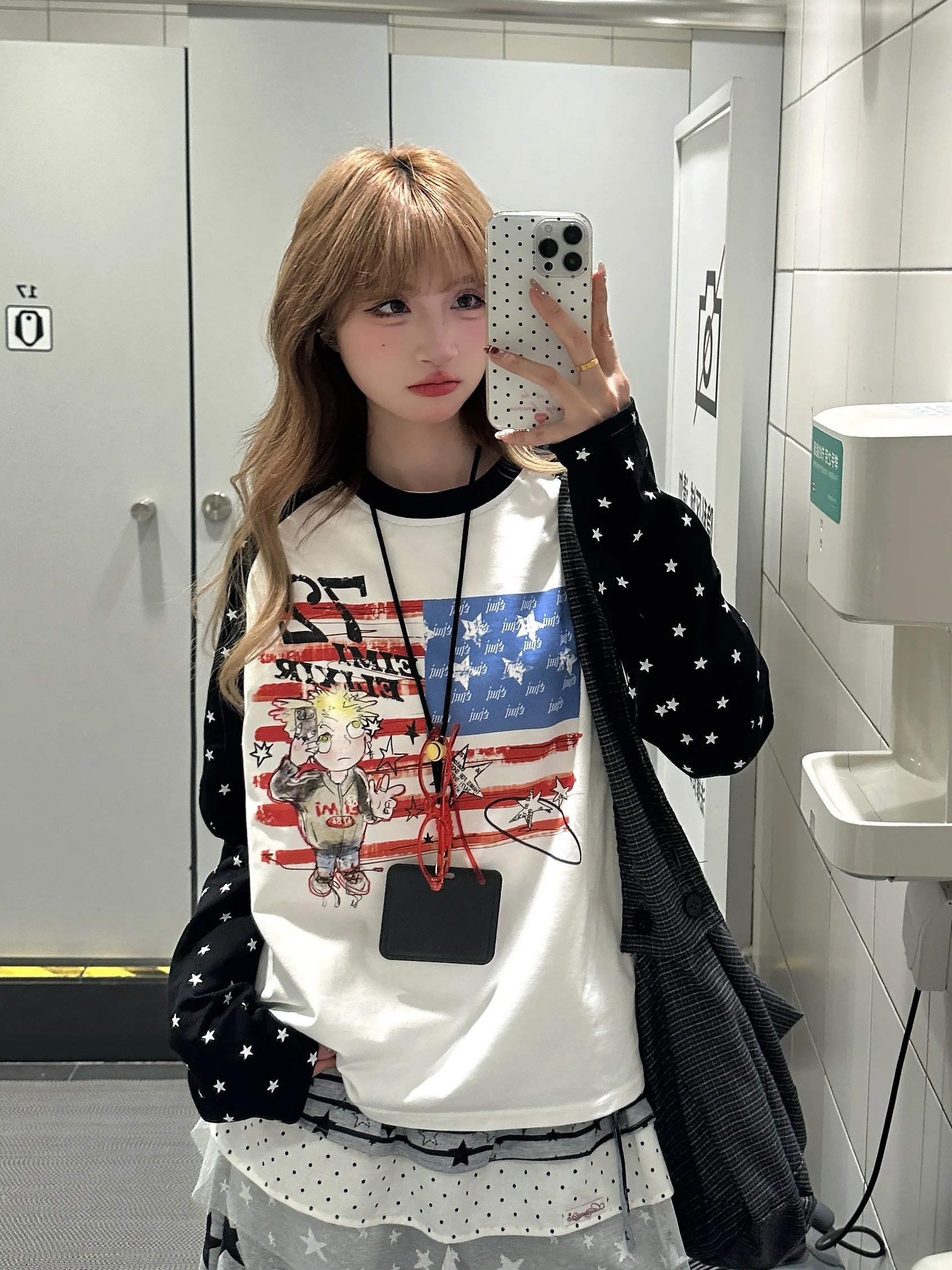 American Sle fiti Star oulder Sve T-irt Women Casual All-Match Base Long Sve Top Comfortable Cotton round Ne