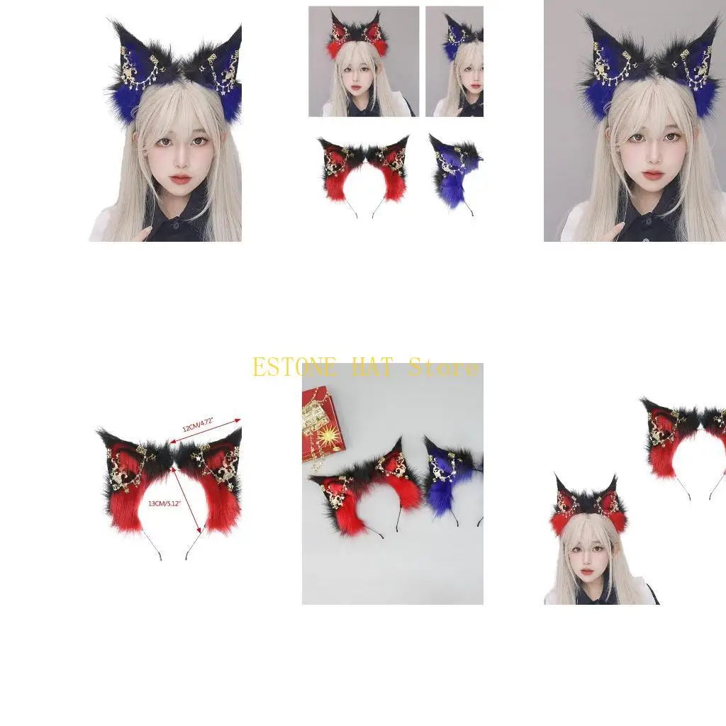 

49MF Anime Theme Gatherings Ear Headband with Alloy Earring Movie Enthusiasts Plush Wolf Headband for Teenagers Adult