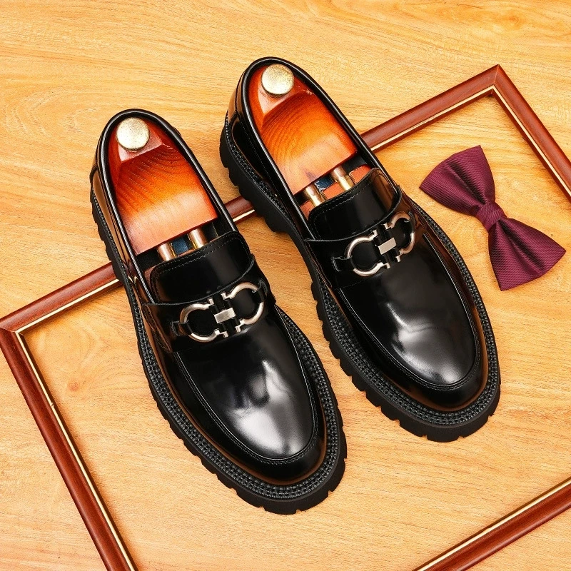 

Platform Leather Loafers Men's Cow Leather Slip On Metal Decoration Dress Brogue Round Toe Daily Business Wedding Footwear