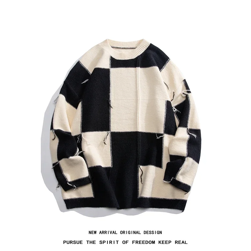 Korean Couple Checkerboard Jumper Loose Round Neck Pullover Knitted Sweater Tassel Design Street Knitwear Casual Clothing