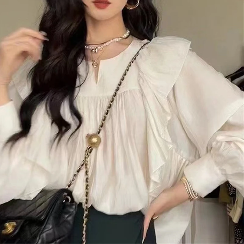 Women\'s Vintage Fashion Ruffles Designer Chic Blouse Elegant V Neck Long Sleeve Shirt Casual Solid Loose Tops Blusas Para Mujer