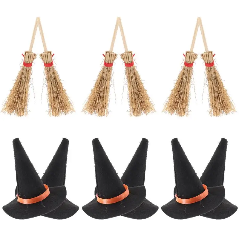 Mini Witch Hat and Brooms Kit, Halloween Party Cosplay Props, Cena da Casa, Decoração de Layout, Miniatura, 12Pcs