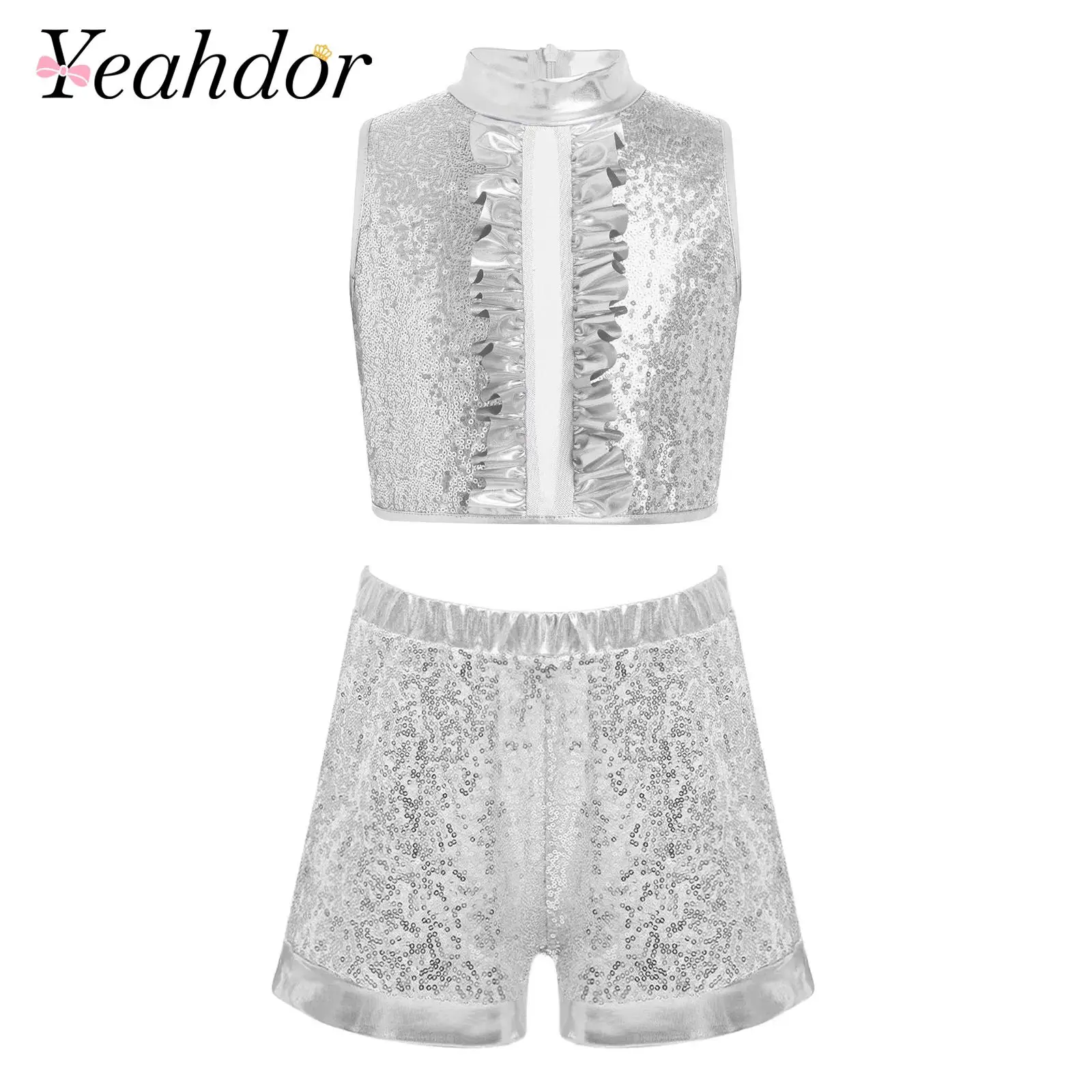 Kids Girls Disco Party Dancewear Sets Sequin Streetwear Metallic Hip Hop Jazz Dance Outfit Ruffles Crop Top with Shorts