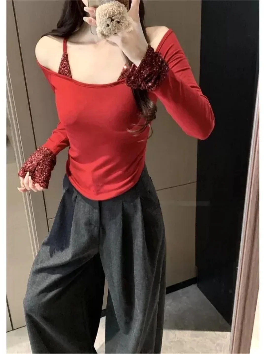 

plus Size Women's Long Sve T-irt Slimming Waist Design Glitter Underwear Top Commute Sle Korean Version Pear Body pe