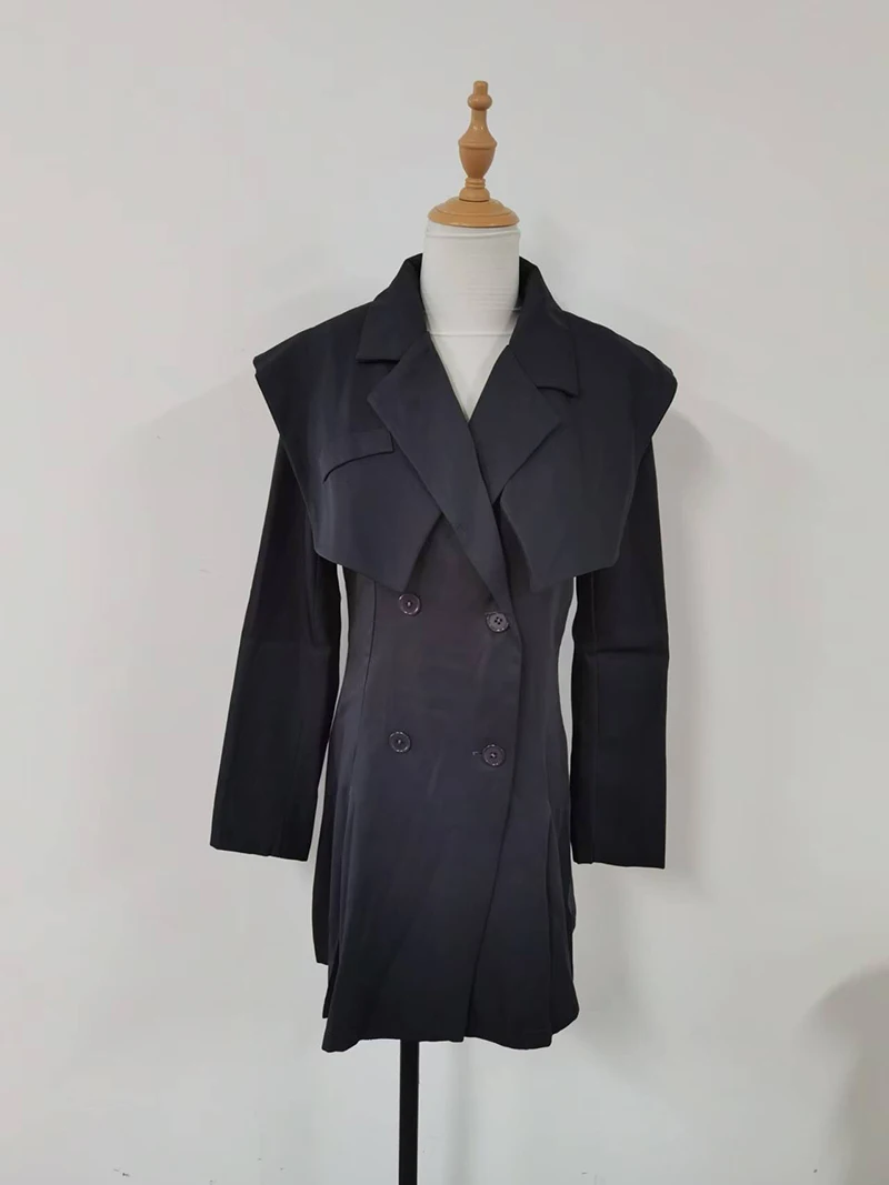 Damska jesienna sukienka w stylu vintage z długim rękawem i granatowym dekoltem, dojeżdżająca do pracy, w talii, dwurzędowa, linia A, do kolan, mini sukienki