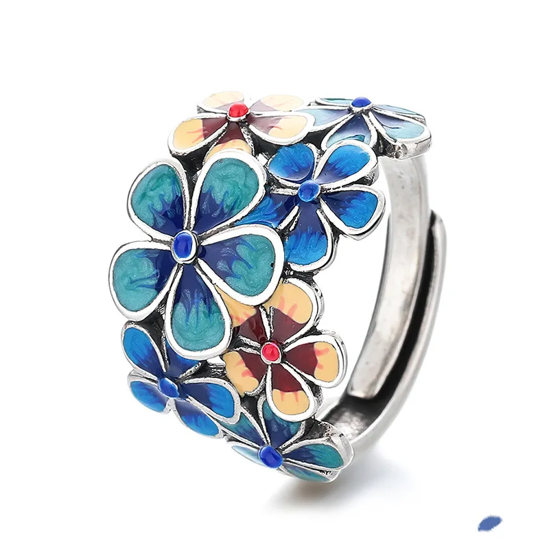 

HX New Cloisonné Enamel Flowery Ring for Women with Atmospheric Retro Ethnic Style Opening Adjustable Creative Index Finger