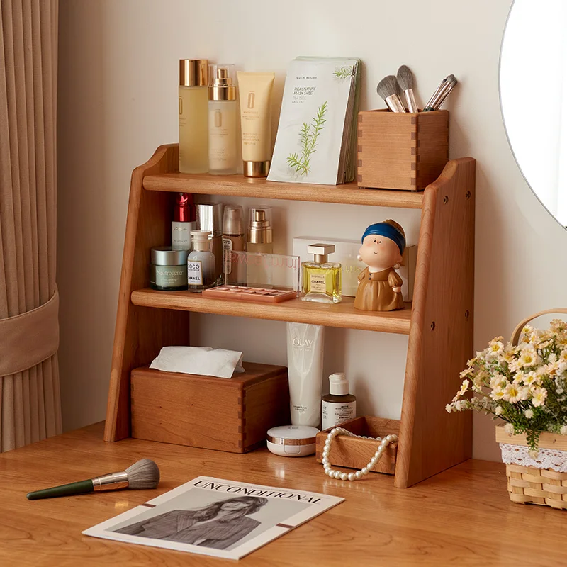 

Cherry Wood Tabletop Organizer Multi-Tier Desktop Cup Rack Book & Storybook Storage Shelf Heavy-Duty Coffee Mug Display Stand