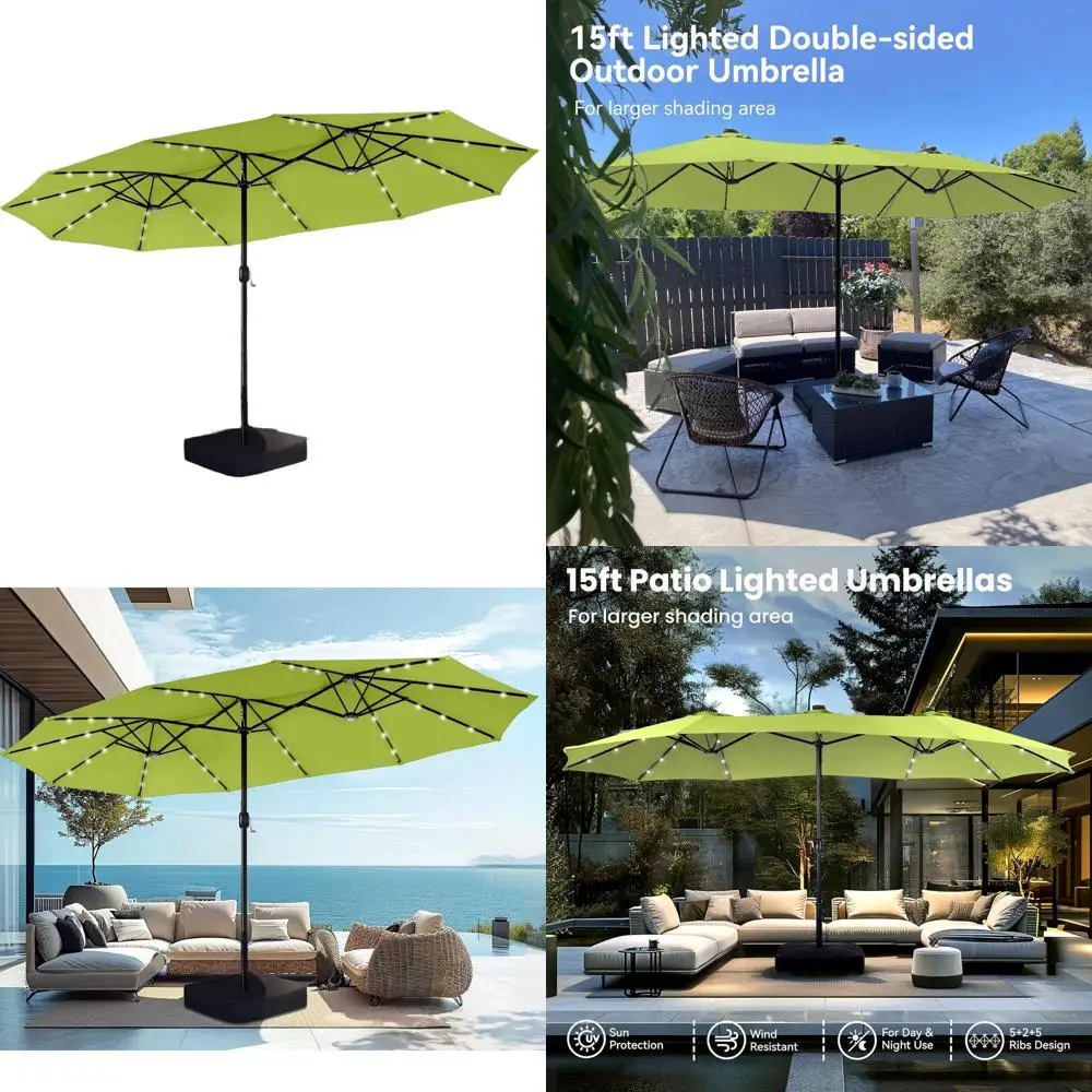 

Solar-Powered LED Outdoor Patio Umbrella with Base, Large Double-Sided Rectangle Shade, Lime Green