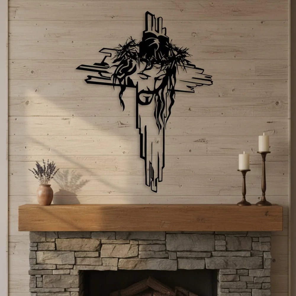 Art mural en métal plat 2D, avec un croix gravé au laser représentant le Christ, fabriqué avec des matériaux de haute qualité pour la décoration intérieure