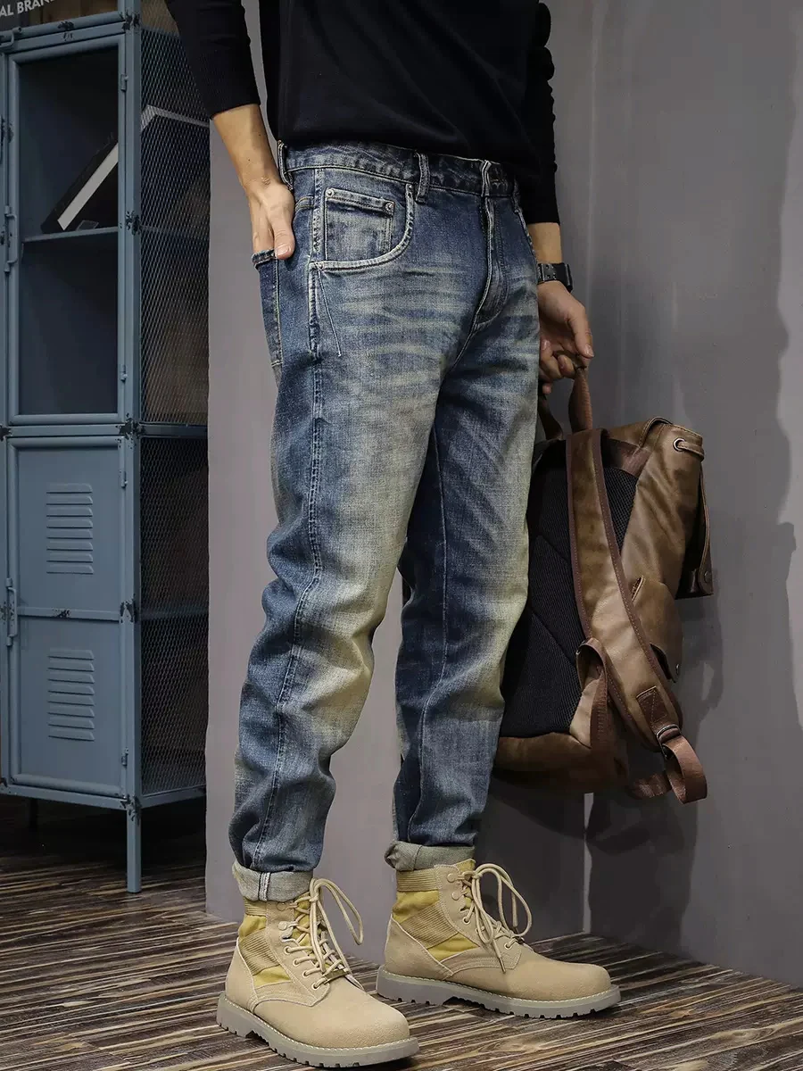 Projektant mody Męskie dżinsy Wysokiej jakości retro sprane niebieskie rozciągliwe Slim Fit Ripped Jeans Mężczyźni Włoski styl Vintage Denim Pants