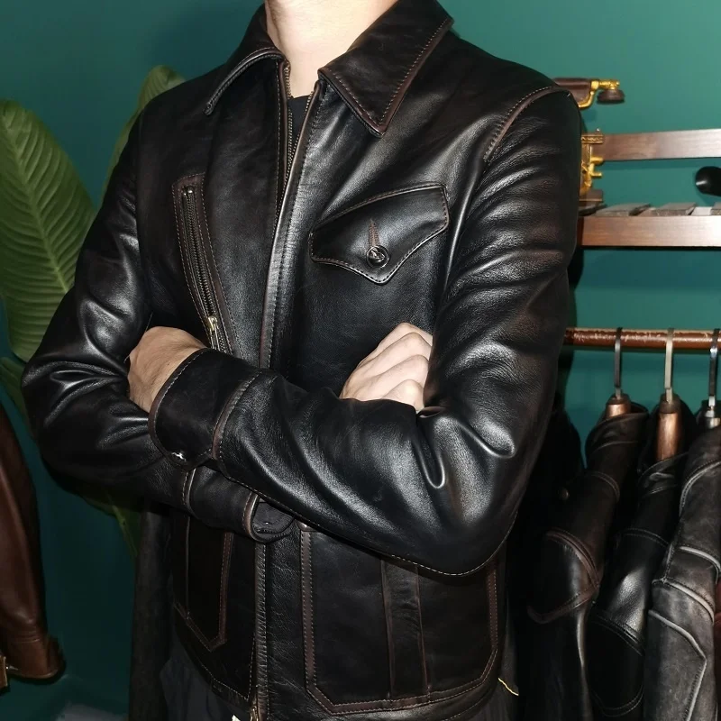 tea Free shipping.Brand Men core horsehide jacket.Quality Vintage style slim genuine leather coat.fashion cheap leather cloth.