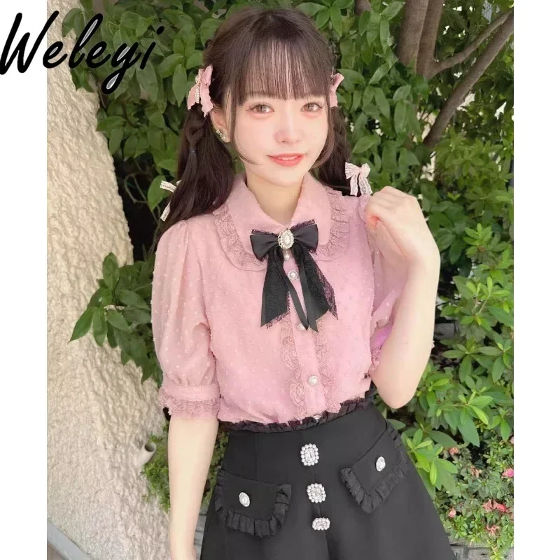 

Mine Rojita Lolita Shirt Top Japanese Women's Summer New Mass Produced Polka Dot Transparent Peter Pan Collar Short Sleeve Blusa