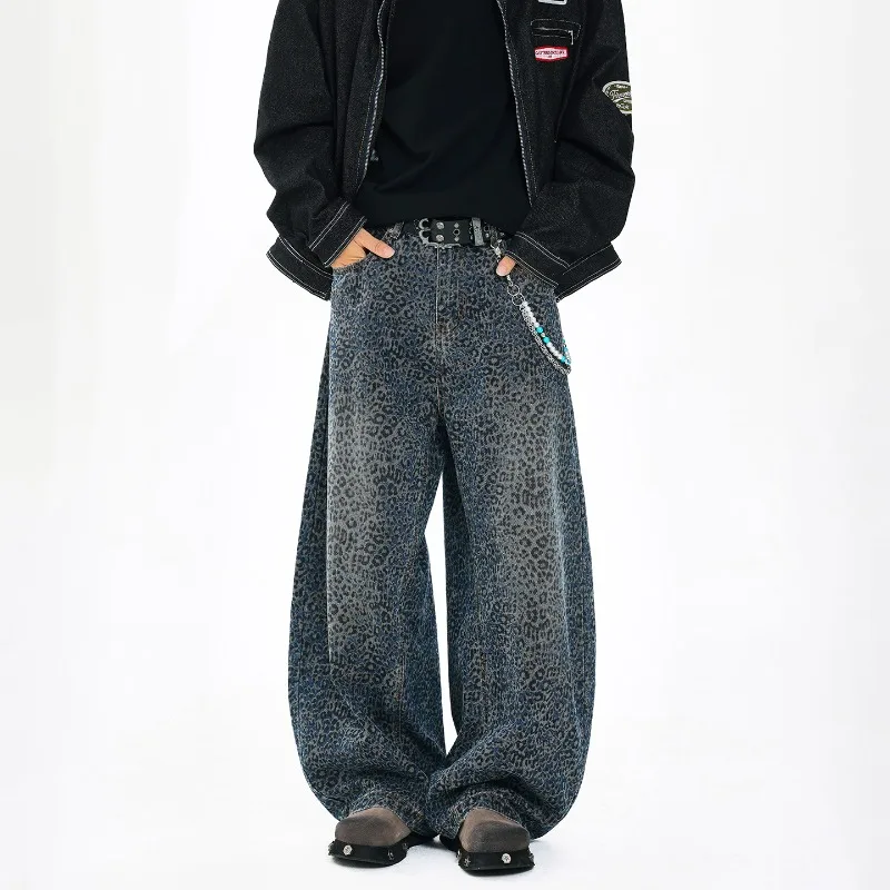 

Men Loose Casual Streetwear Fashion Wide Leg Leopard Denim Jeans Machete Pants Women Net Celebrity Harem Scimitar Jeans Trousers
