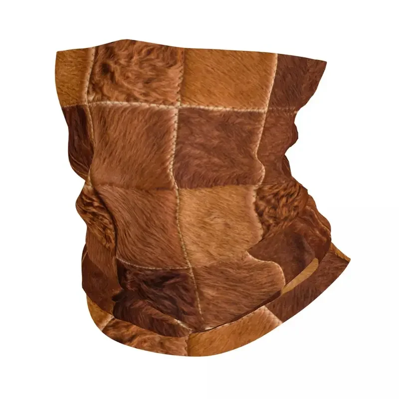 Brown Checkered Cowhide Patche Neck Gaiter Women Men UV Protection Winter Animal Fur Leather Texture Bandana Scarf for Ski