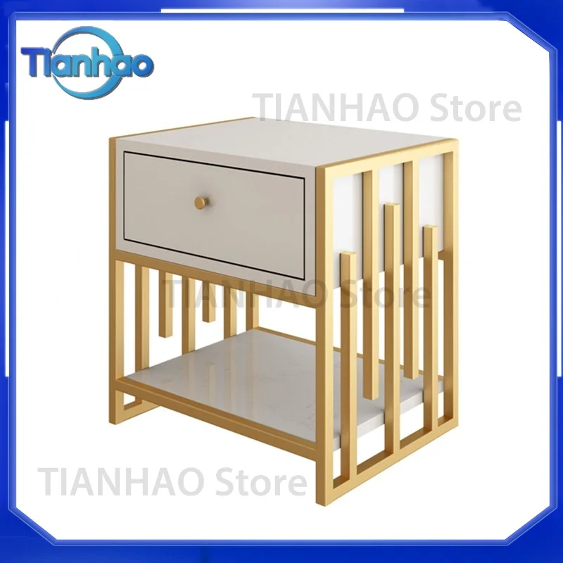 Marble Small Family Metal Bedroom Storage Cabinet Nightstand for Nordic Light Luxury Simple Modern Bedside Cabinet