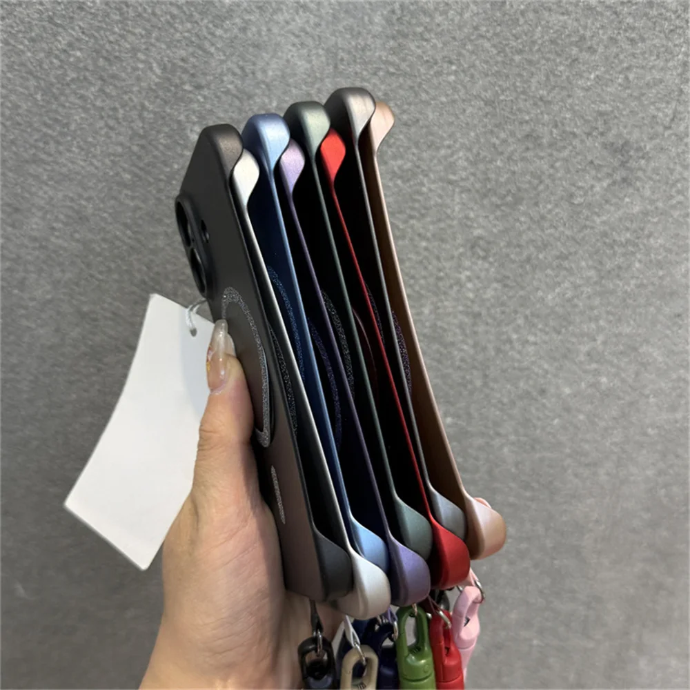 بريق ل Magsafe مع الحبل فرملس جراب هاتف آيفون 15 16 برو 14 13 12 11 X XR XS ماكس معدن اللون رقيقة درع غطاء