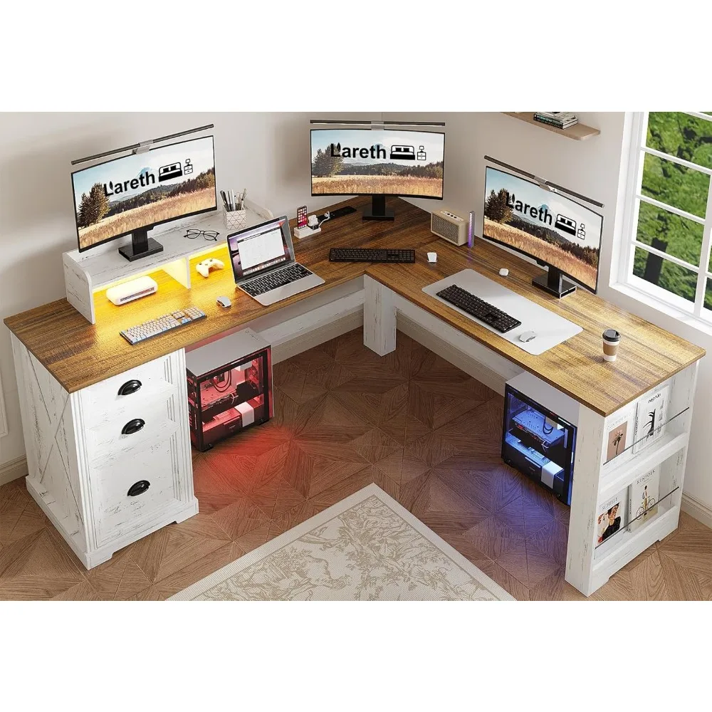 

L Shaped Desk with Monitor Stand Farmhouse Computer Desk with Led Light and Power Outlet, Executive Desk for Home Office Room Wo