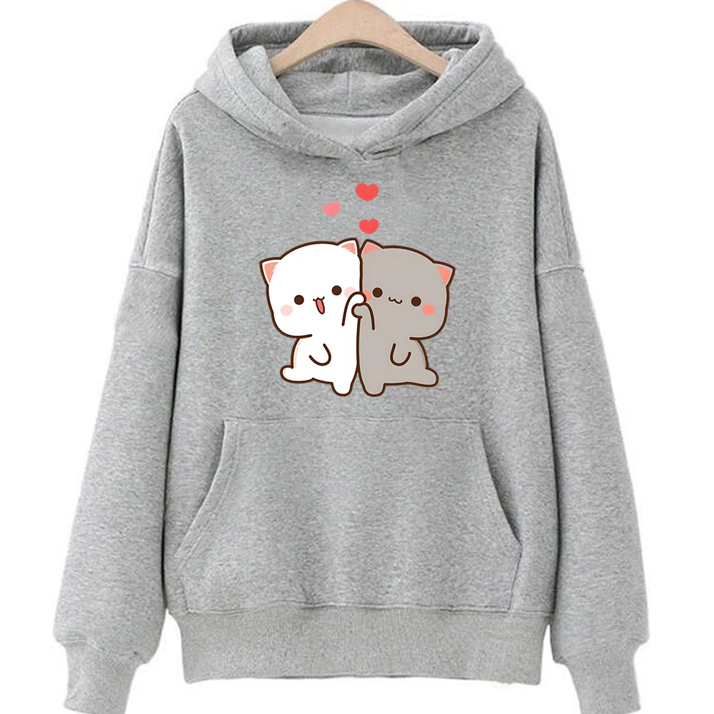 

Kawaii Peach Cat Cartoon Print Hoodies Femme Autumn/Winter Soft Fleece Sweatshirts Tops Casual Streetwear Kawaii Cartoon Women