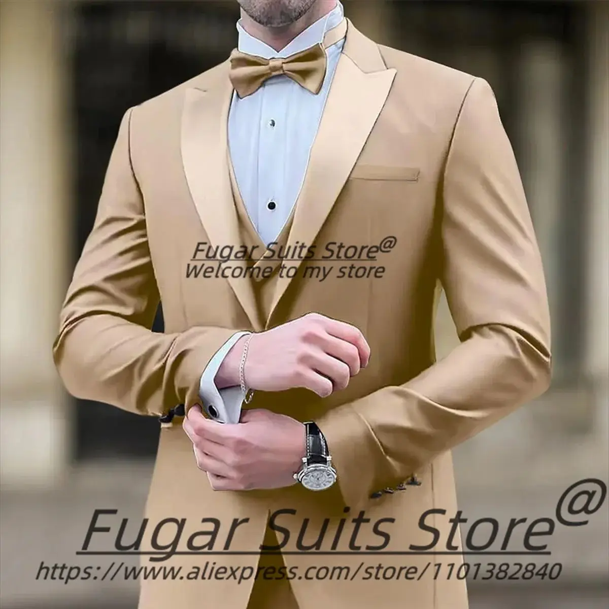 Luxuly Champagne Wedding Suits For Men Slim Fit Peak Lapel Groom Prom Tuxedos 3 Pieces Sets Elegant Male Blazers Costume Homme