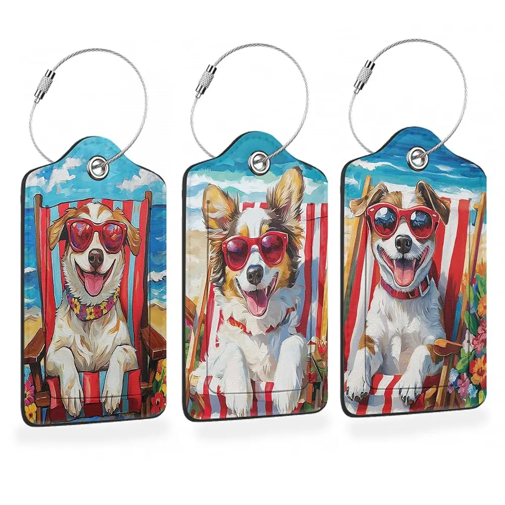 

Funny Dog Summer 3 Pack PU Leahter Luggage Tag with Stainless Steel Loop, Cool Dog at the Beach Travel Suitcase Labels with P