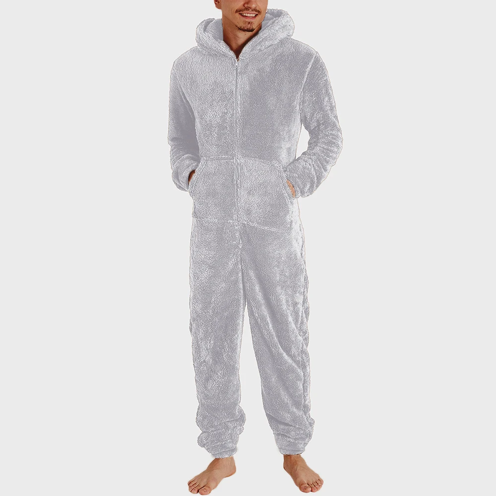 Men New Warm Hooded Pajamas Winter Adult Casual Jumpsuits Couple Zipper Warm Fleece Slim Sleepwear One-Piece Sleep Lounge Pajama