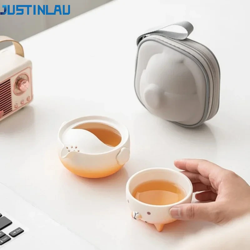 JUSTINLAU Cute Dog Outdoor Travel Tea Set Ceramics Teapot & Cup Portable Kung Fu Tea Set with Storage Bag Cute Tea Set for Women
