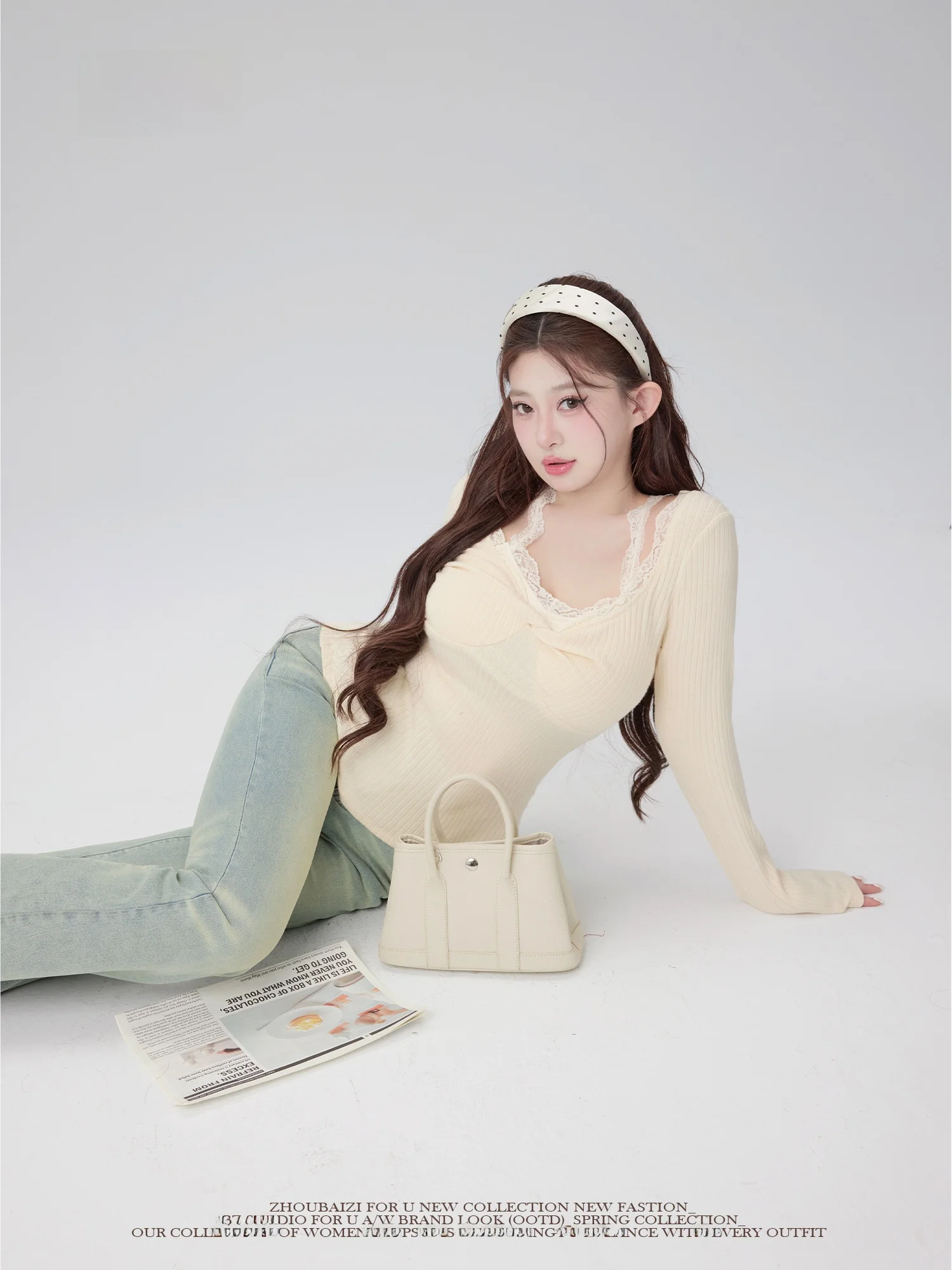 

plus Size Women's irt Tight Waist Butter Milk Bag Tee Soluble Lace Simple Sle Knitted Sweater Square Collar Long Sve