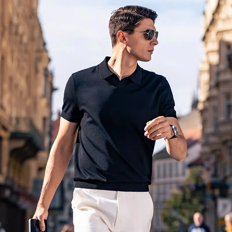 

Темно-синяя трикотажная рубашка, мужская летняя рубашка с коротким рукавом, высококачественная мужская высококачественная шелковая рубашка для взрослых и стабилизации