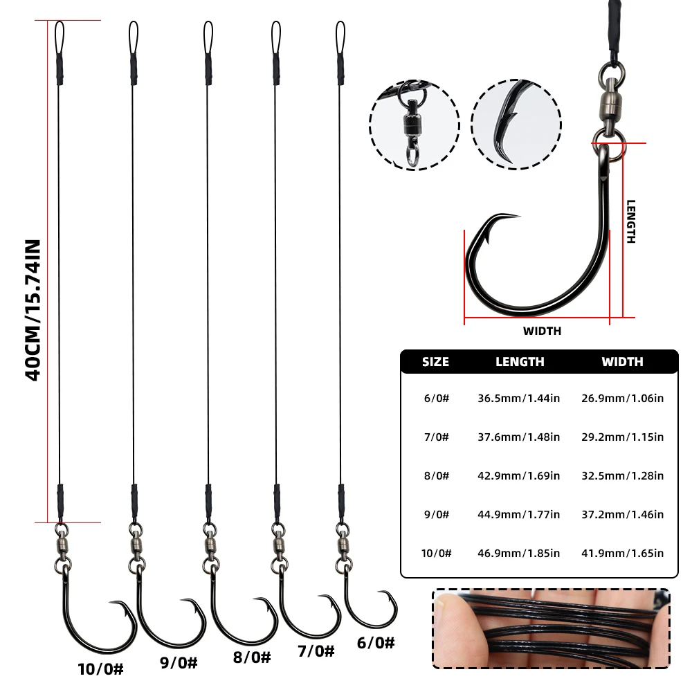 ZYZHE 1/5 Stück Angelleine 6/0 # 7/0 # 8/0 # 9/0 # 10/0 # Kreishaken mit Wirbel 49-Strang Stahlseil Salzwasser Bootsangel-Rigs – Detail 2