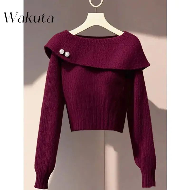 WAKUTA Fall/Winter Fashion Women's Shawl Collar Long-sleeved Knitted Sweaters Black Tea Wind Slim Yankee Short Section Pullovers