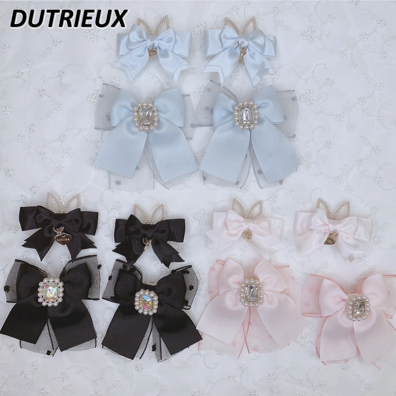 

Japanese Striped Satin Bow Rhinestone Spring Hairpin Summer Versatile Exquisite Sweet Cute Girl Hair Accessories Headgear