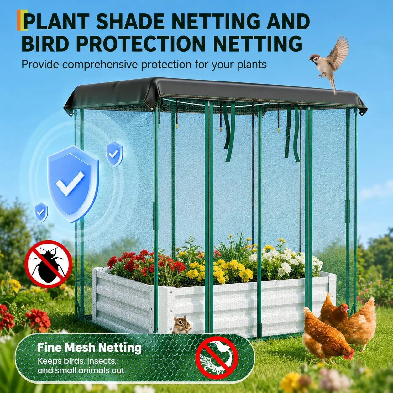 Galvanized Raised Garden Bed with Self Watering System & Mesh Cover
