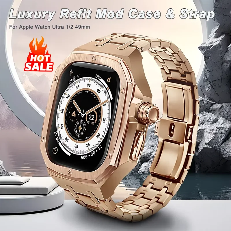 Luxury Stainless Steel Case Mod Kit for Apple Watch Ultra 3 2 1 49MM Liquid Silicone Strap for IWatch Series 49MM Accessories