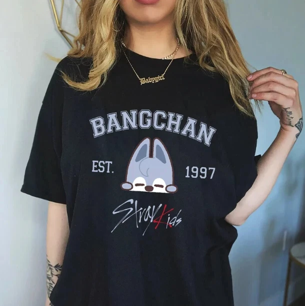 Bang Chan Portrait Bedrucktes Kpop Herren-T-Shirt, Unisex, O-Ausschnitt, 100 % Baumwolle, kurzärmelig, Y2k, übergroß, bequem, lässig