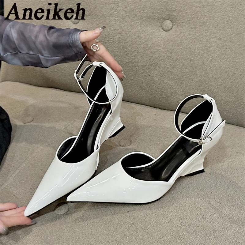 

Aneikeh MEW PU Spring/Autumn Pumps Shallow Concise Leopard Buckle Strap Women Party Pointed Toe Wedges Ladies Heeled Shoes Black