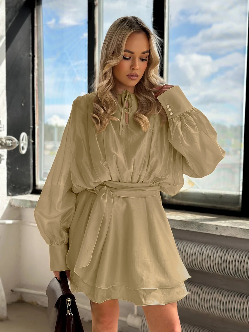 

Marthaqiqi Fashion Women Sleepwear Set Long Sleeve Nightgown Lace Up Pajamas O-Neck Nightwear Skirts Ladies Nightie 2 Piece Suit
