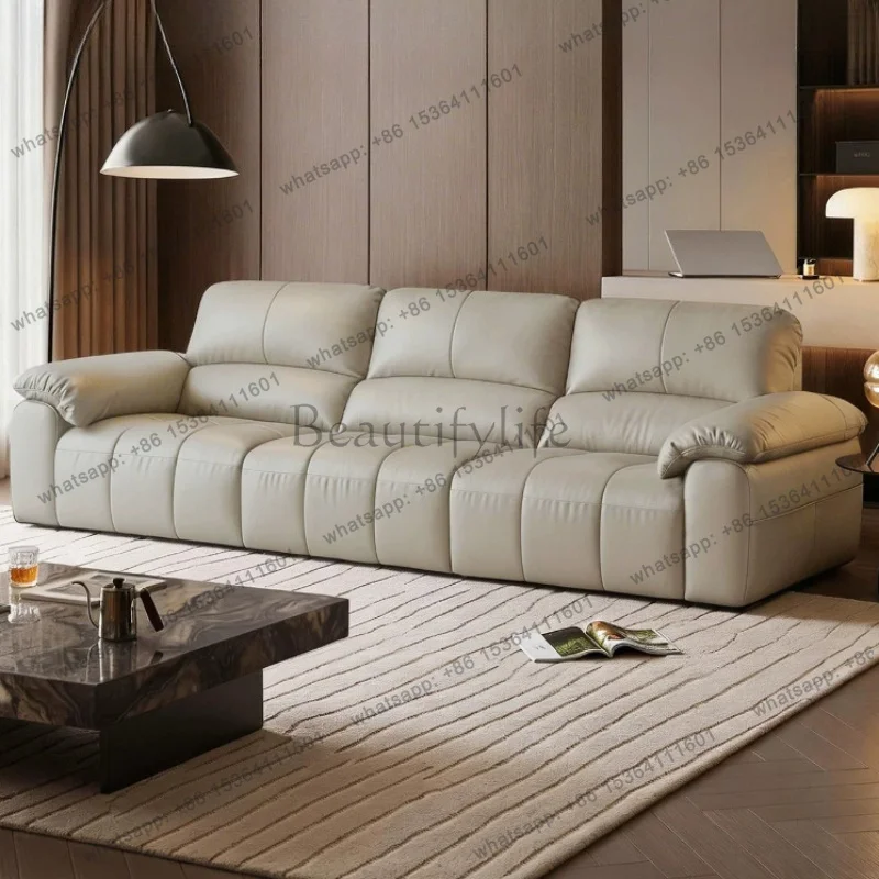 FG Modern Simple First Layer Cowhide Leather Sofa Light Luxury Straight Row Black Living Room Sofas And Seating Home Furniture