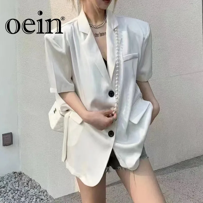 [oein] High End Suit Collar Short Sleeved Shirt Women Summer New Loose And Versatile Casual Mid To Long Top For Women